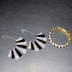 Black and rhinestone silver earrings and bracelet